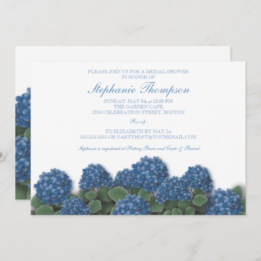 Blaue Hydrangea-Blumen-Brautparty-Einladung Einladung (Vorne/Hinten)