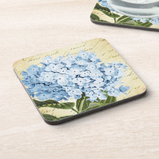 Blaue Hydrangea-Blumen-Vintages botanisches Getränkeuntersetzer (Linke Seite)