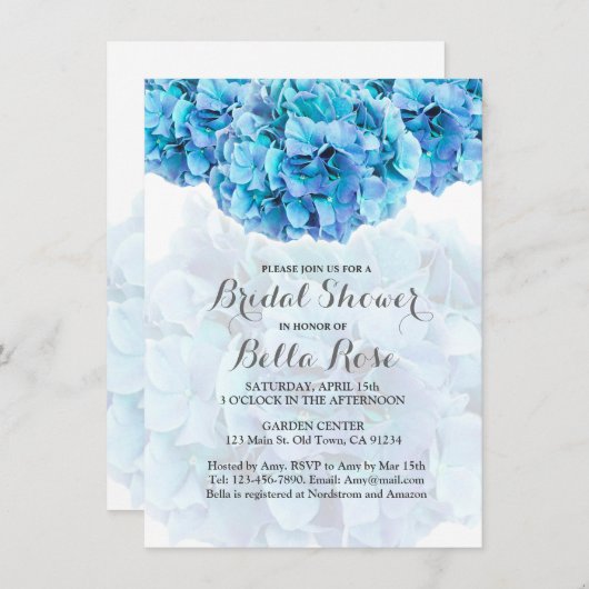 Blaue Hydrangea Blumendusche Einladung (Vorne/Hinten)