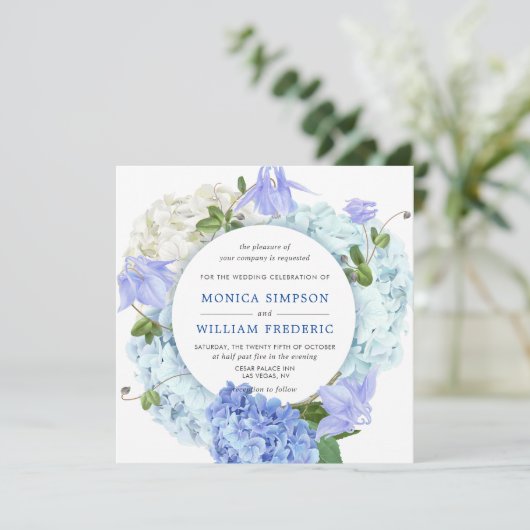 Blaue Hydrangea Blumengrün Wasserfarben Hochzeit Einladung (Stehend Vorderseite)
