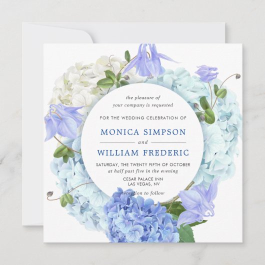 Blaue Hydrangea Blumengrün Wasserfarben Hochzeit Einladung (Vorderseite)