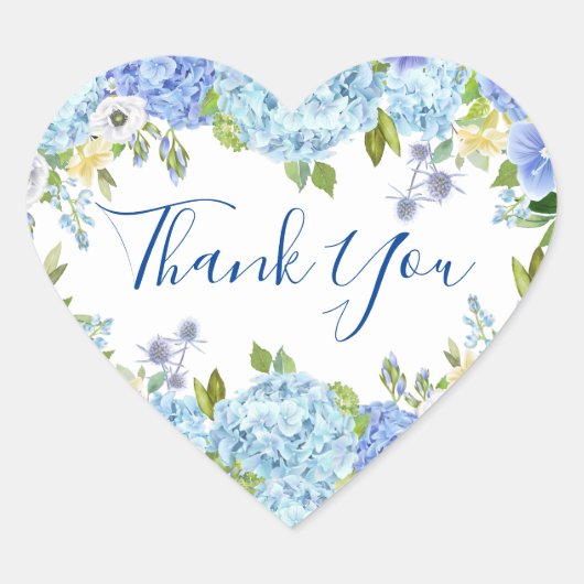 Blaue Hydrangea Blumengrün Wasserfarben Hochzeit Herz-Aufkleber (Vorderseite)