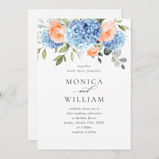 Blaue Hydrangea Blush Pink Roses Hochzeit in einem Einladung (Vorne/Hinten)