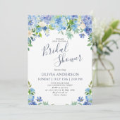 Blaue Hydrangea Grüne Wasserfarbe Brautparty Einladung (Stehend Vorderseite)
