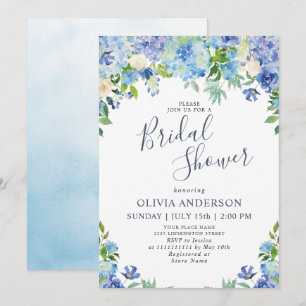 Blaue Hydrangea Grüne Wasserfarbe Brautparty Einladung
