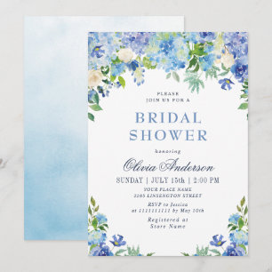 Blaue Hydrangea Grüne Wasserfarbe Brautparty Einladung