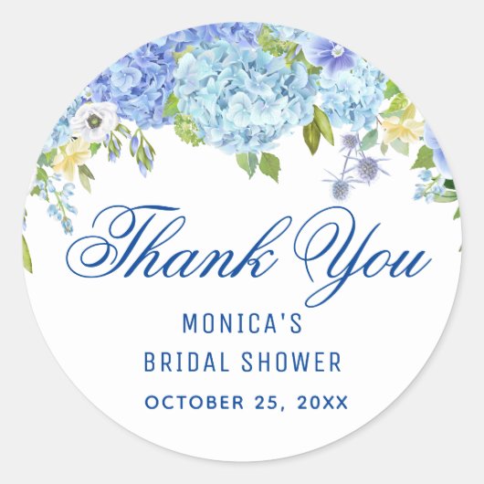 Blaue Hydrangea Grüne Wasserfarbe Brautparty Runder Aufkleber (Vorderseite)