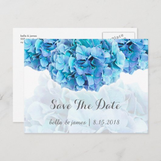 Blaue Hydrangea Hochzeit speichern das Datum Postk Ankündigungspostkarte (Vorne/Hinten)