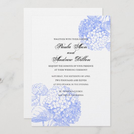 Blaue Hydrangea-Hochzeits-Einladung Einladung (Vorne/Hinten)