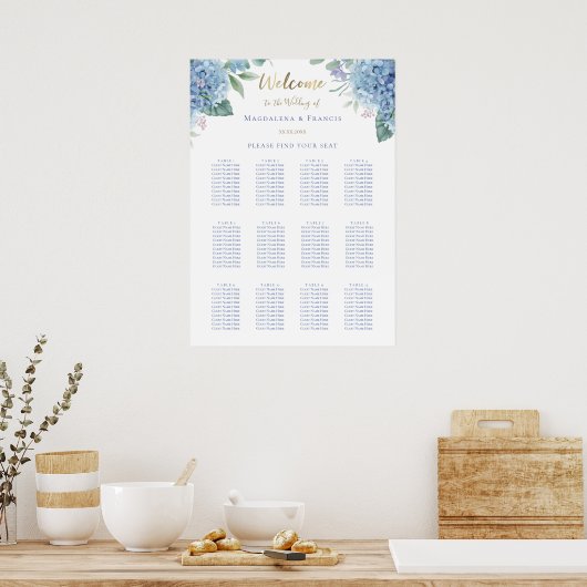 Blaue Hydrangea-Hochzeitskarte Poster (Küche)
