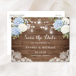 Blaue Hydrangea-Holzbalken Save the Date Ankündigungspostkarte