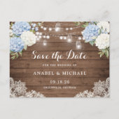 Blaue Hydrangea-Holzbalken Save the Date Ankündigungspostkarte (Vorderseite)