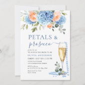 Blaue Hydrangea Rose Perlen & Prosecco Einladung (Vorderseite)