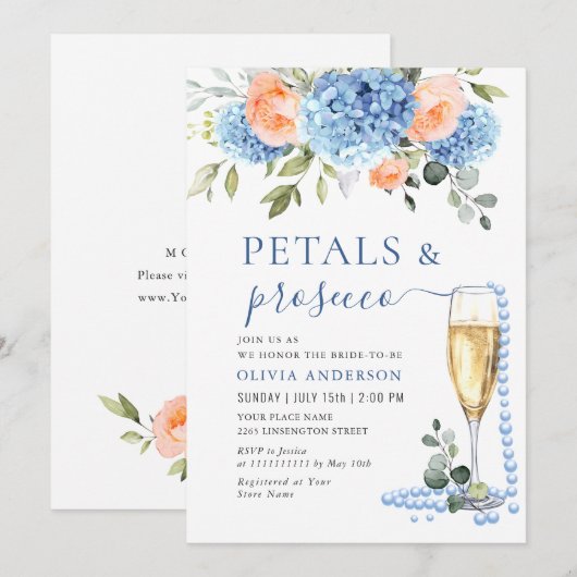 Blaue Hydrangea Rose Perlen & Prosecco Einladung (Vorne/Hinten)