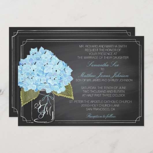Blaue Hydrangea-Tafel Rustikale Hochzeit Einladung (Vorne/Hinten)