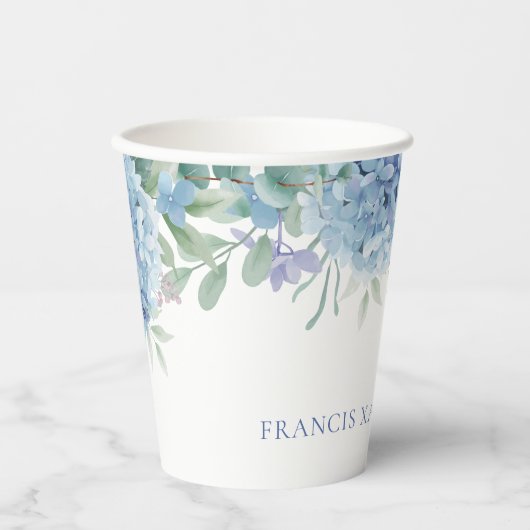 Blaue Hydrangea Taufe Pappbecher (Vorderseite)