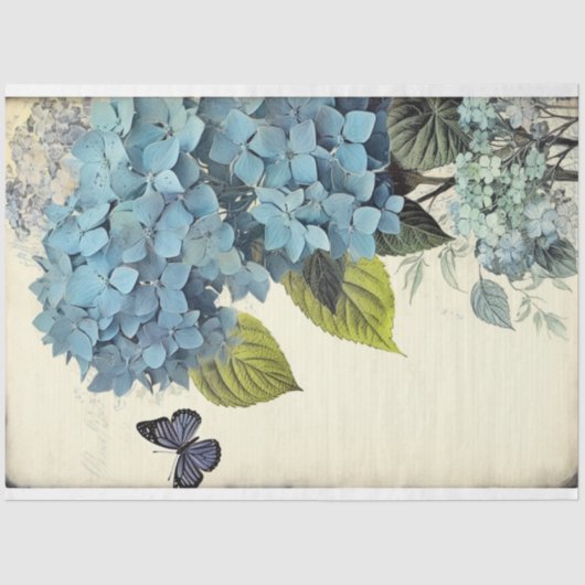 Blaue Hydrangea und Blauschmetterling-Ephemera Seidenpapier (Vorderseite)