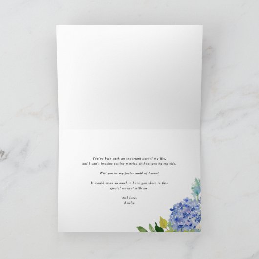 Blaue Hydrangea und Trauzeugin mit weißem Rosenblu Karte (Innenseite)