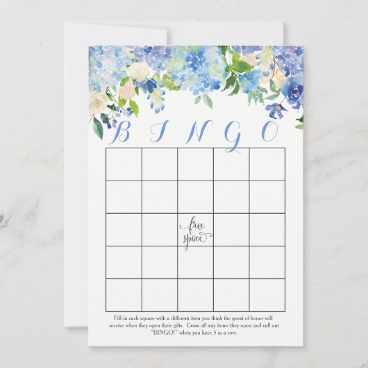 Blaue Hydrangeas Brautparty Bingo Karten (Vorderseite)