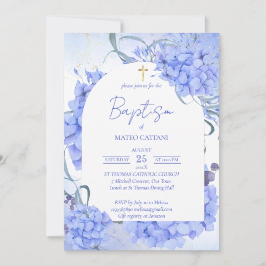 Blaue Hydrangeas elegante blumengeschmückte Taufe Einladung (Vorderseite)