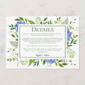 Blaue Hydrangeas Floral Watercolor Hochzeitsdetail Begleitkarte (Vorderseite)