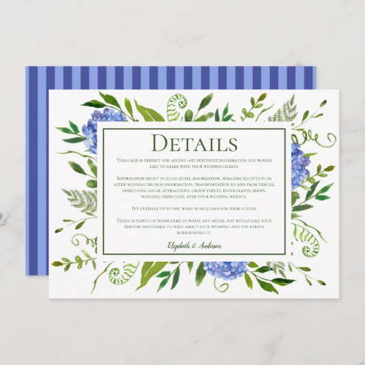 Blaue Hydrangeas Floral Watercolor Hochzeitsdetail Begleitkarte (Vorne/Hinten)