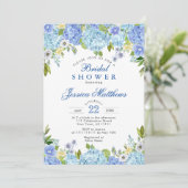 Blaue Hydrangeas Grüne Wasserfarbe Brautparty Einladung (Stehend Vorderseite)