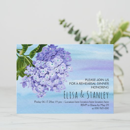 Blaue Hydrangeas Hochzeit Probe Dinner Einladung (Stehend Vorderseite)