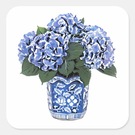 Blaue Hydrangeas in einem Blumenkohl-Keramik Quadratischer Aufkleber (Vorderseite)