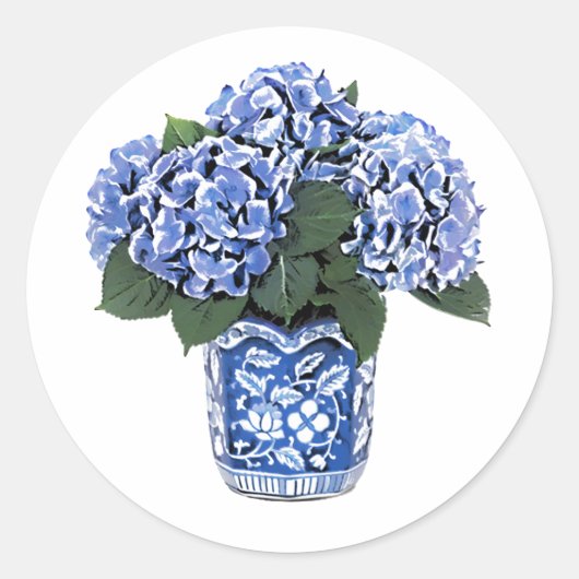 Blaue Hydrangeas in einem Blumenkohl-Keramik Runder Aufkleber (Vorderseite)