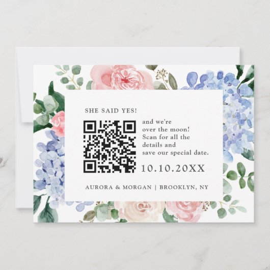 Blaue Hydrangeas Pastellrosa Foto QR-Code Save The Date (Vorderseite)