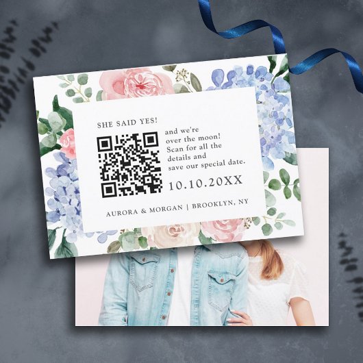 Blaue Hydrangeas Pastellrosa Foto QR-Code Save The Date