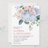 Blaue Hydrangeas Pastellrosa Rosen Hochzeit Einladung (Vorderseite)