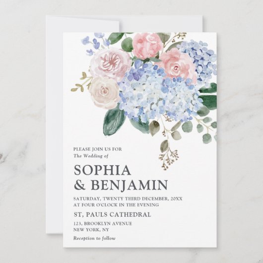 Blaue Hydrangeas Pastellrosa Rosen Hochzeit Einladung (Vorderseite)