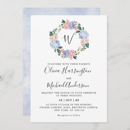 Blaue Hydrangeas Pastellrosa Rosen Hochzeit Einladung (Vorne/Hinten)