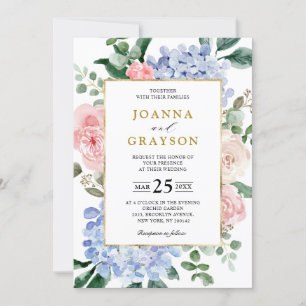 Blaue Hydrangeas Pastellrosa Rosen Hochzeit Einladung