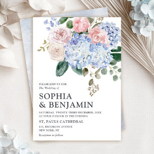 Blaue Hydrangeas Pastellrosa Rosen Hochzeit Einladung