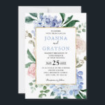 Blaue Hydrangeas Pastellrosa Rosen Hochzeit Einladung<br><div class="desc">Moderne Hochzeitseinladung mit hellblauen/staubblauen Hydrangeas in pastellrosa, rot, pfirsichfarben, weiße Rosen, Peonies, Salbei Eukalyptus-Blätter, Ästen und Blattwerk. Sanfte und verträumte romantische Farbtöne Frühjahr Wasserfarben Blumen Designs zu Ihrem Thema Hochzeit. Weitere passende Designs und Variationen finden Sie in meinem "Blitzweddingpaperie" Shop. Und zögern Sie nicht, mich für weitere Anpassungen oder Match-Artikel...</div>