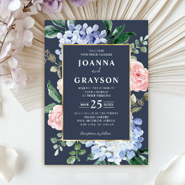 Blaue Hydrangeas Pastellrosa Rosen Hochzeit in Einladung