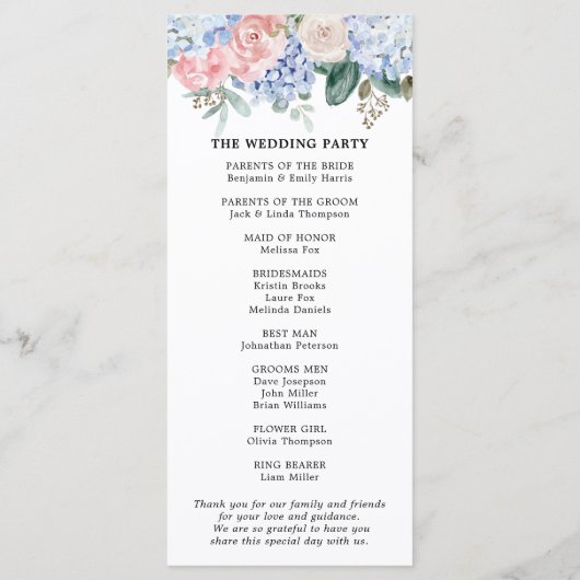 Blaue Hydrangeas Pastellrosa Rosen Hochzeit Programm (Rückseite)
