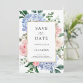 Blaue Hydrangeas Pastellrosa Rosen Hochzeit Save The Date (Stehend Vorderseite)