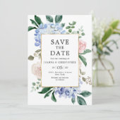Blaue Hydrangeas Pastellrosa Rosen Hochzeit Save The Date (Stehend Vorderseite)