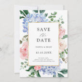 Blaue Hydrangeas Pastellrosa Rosen Hochzeit Save The Date (Vorderseite)
