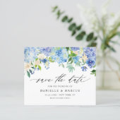 Blaue Hydrangeas und Elfenbein-Rose Save the Date (Stehend Vorderseite)
