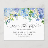 Blaue Hydrangeas und Elfenbein-Rose Save the Date (Vorderseite)