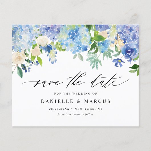 Blaue Hydrangeas und Elfenbein-Rose Save the Date (Vorderseite)