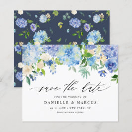 Blaue Hydrangeas und Elfenbein-Rose Save the Date