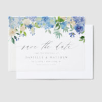 Blaue Hydrangeas und Elfenbein-Rose Save the Date