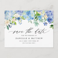Blaue Hydrangeas und Elfenbein-Rose Save the Date