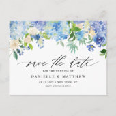 Blaue Hydrangeas und Elfenbein-Rose Save the Date Postkarte (Vorderseite)